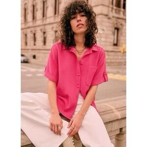 SEZANE Laurine Button Down Collared Boxy Shirt Sz S Small Hot Pink Loose Bright